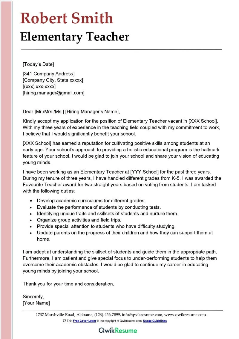 38759 elementary teaching cover letter components
