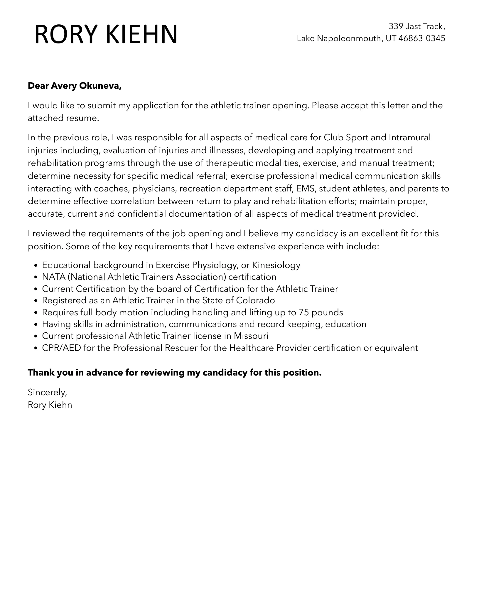 38810 entry level athletic trainer