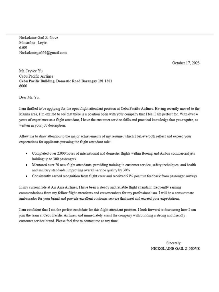 43792 flight attendant cover letter