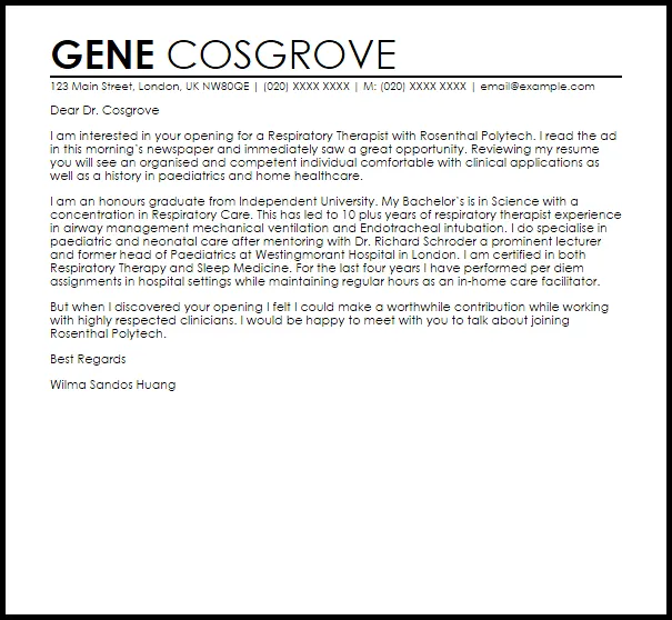 43806 respiratory therapy cover letter formatting