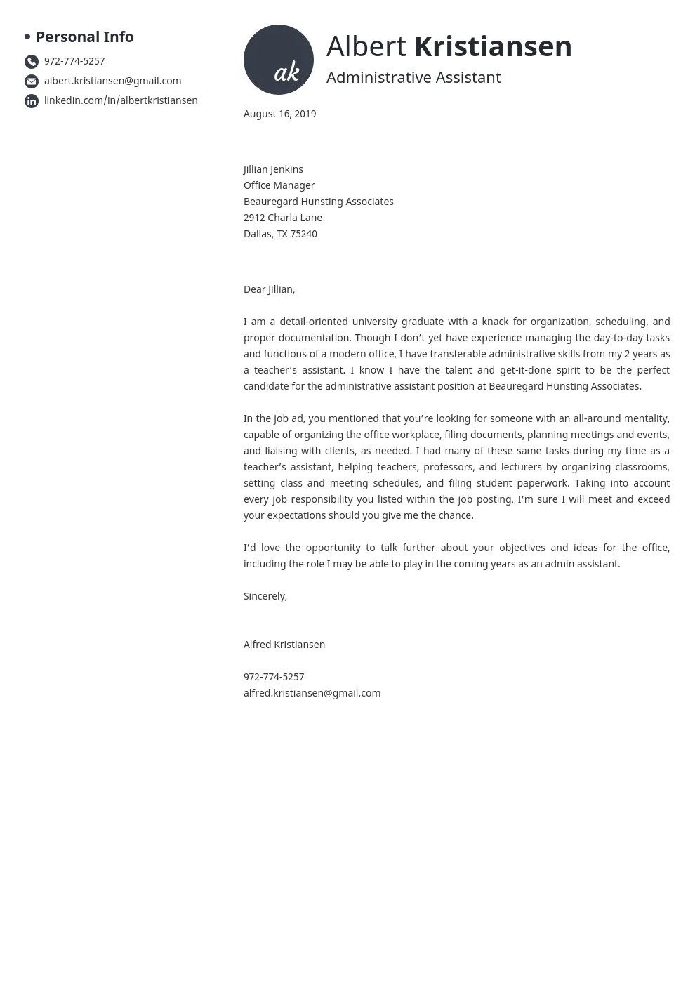 43841 professional cover letter